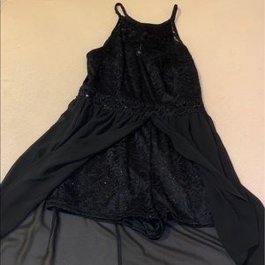 Black lace romper dress with a halter top